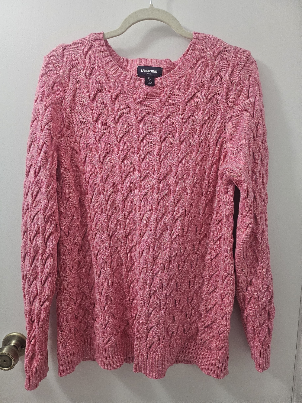 Lands' End Pink Cable-Knit Crewneck Sweater